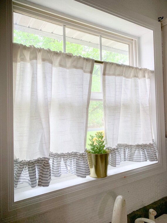 Solid Cotton Linen Look Texture Cafe Curtain With Ruffle Etsy