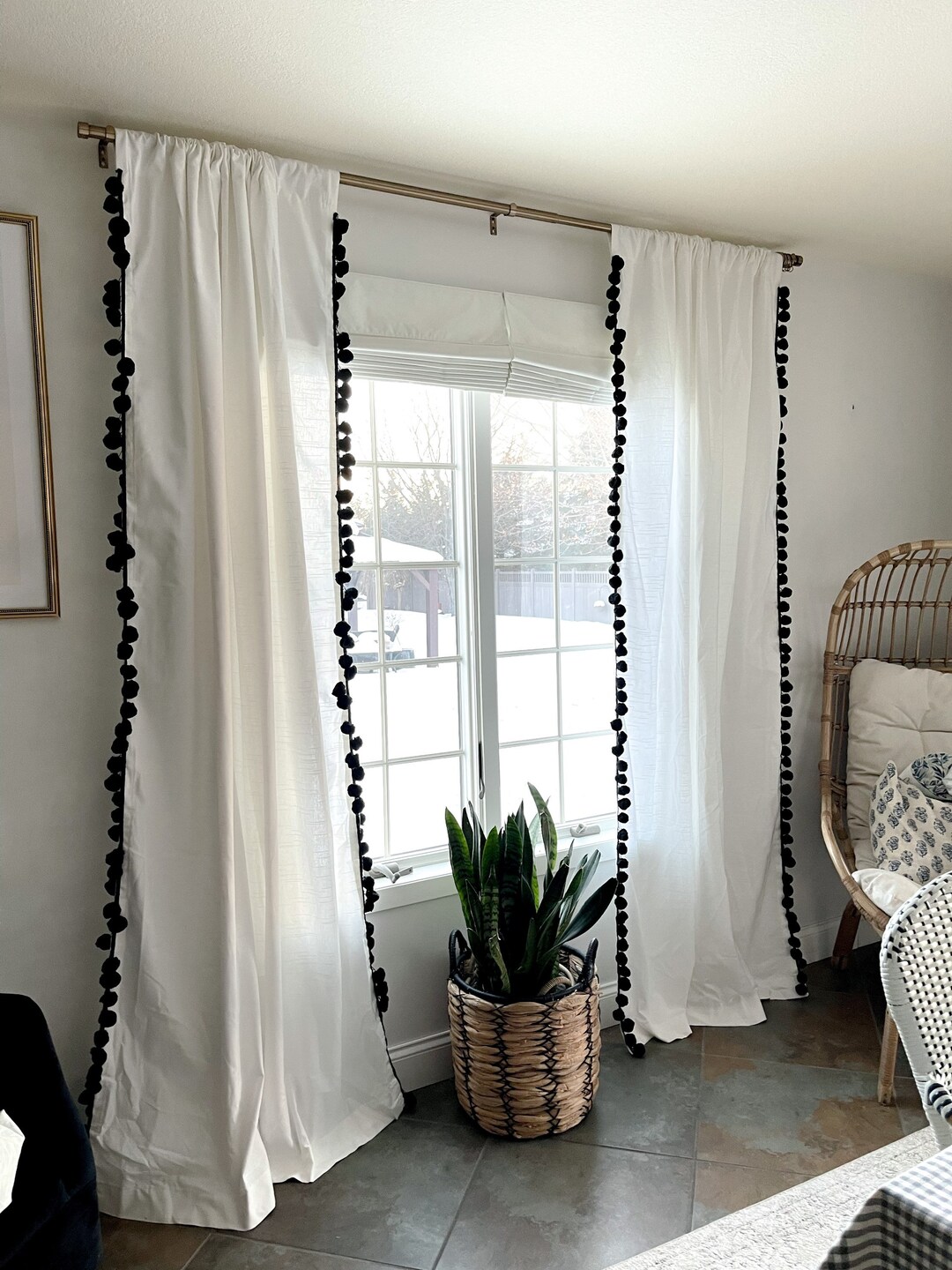 White Cotton Curtains With Cream or White Jumbo Pom Trimming , Curtains ...