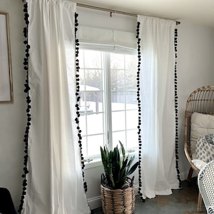 White Cotton Curtains With Cream or White Jumbo Pom Trimming , Curtains ...