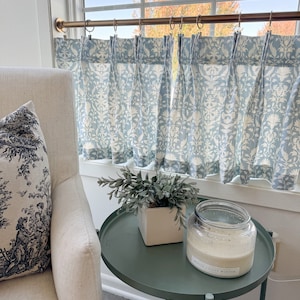 This fresh light blue block print  pleated cafe curtains beautiful block print floral cotton linen blend.