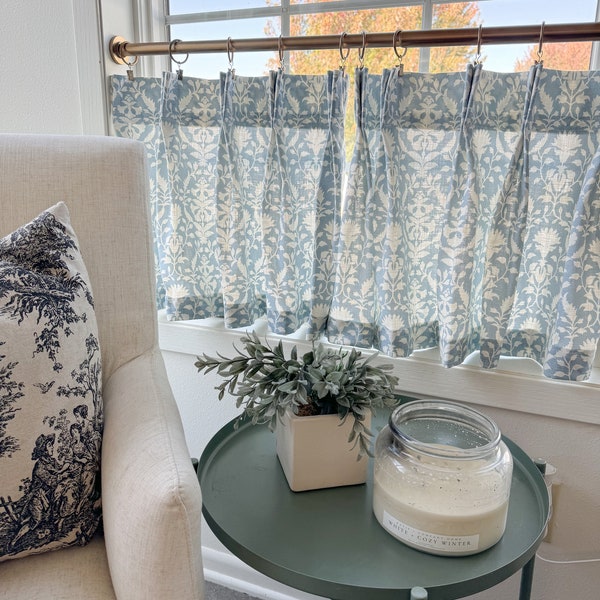 This fresh light blue block print  pleated cafe curtains beautiful block print floral cotton linen blend.