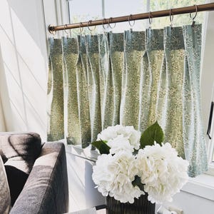 Pleated green teal and cream Cafe Curtain , Tier Curtain, Kitchen Curtains, Bathroom Curtains , Window Treatments, Farmhouse