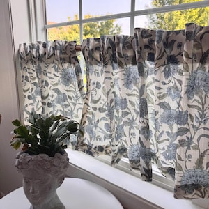 Lacefield Blue Floral vintage style Printed Drapery Fabric , Block print floral pattern cafe curtain, kitchen curtain, bathroom curtain