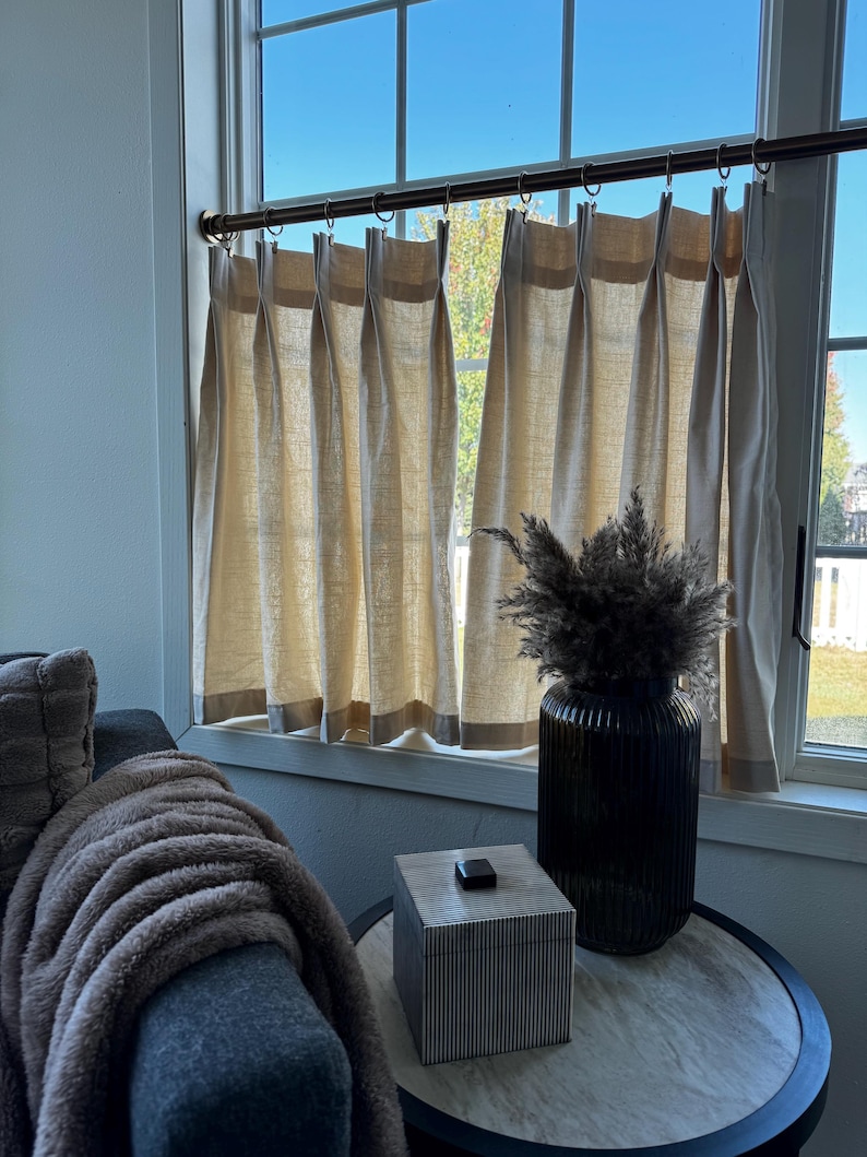 Pleated Solid Cotton Linen (LOOK) Texture Cafe Curtains , Tier Curtains, Kitchen Curtains, Bathroom Curtains , Window Treatments, Farmhouse image 4
