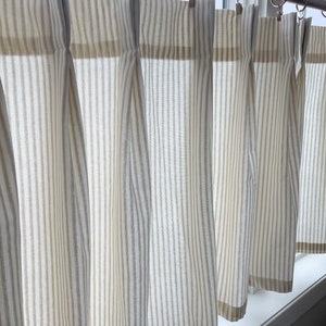 Pleated cream and brown ticking striped Cafe Curtain , Tier Curtains, Kitchen Curtains, Bathroom Curtains , Window Treatments, Farmhouse image 2