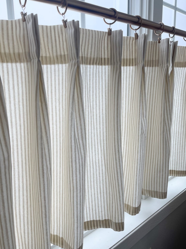 Pleated cream and brown ticking striped Cafe Curtain , Tier Curtains, Kitchen Curtains, Bathroom Curtains , Window Treatments, Farmhouse image 2