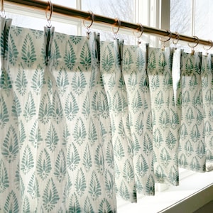 This fresh Lacefield Chatham pleated cafe curtains beautiful block print floral cotton linen blend.