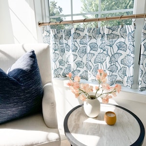 Blue and ginko block print Cafe Curtains , Tier Curtains, Kitchen Curtains, Bathroom Curtains , Window Treatments, kitchen curtain