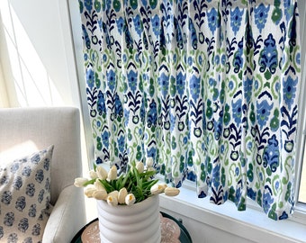 Pleated green and blue ikat Cafe Curtain , Tier Curtains, Kitchen Curtains, Bathroom Curtains , Window Treatments, modern