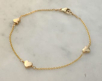 Little Heart Gold Bracelet with Three Tiny Heart Charms - gold plated silver