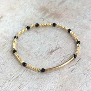 Multibuy discount Black onyx faceted round bead and gold nugget bead stretch bracelets with goldfilled tube bead and gold nugget bracelet image 2