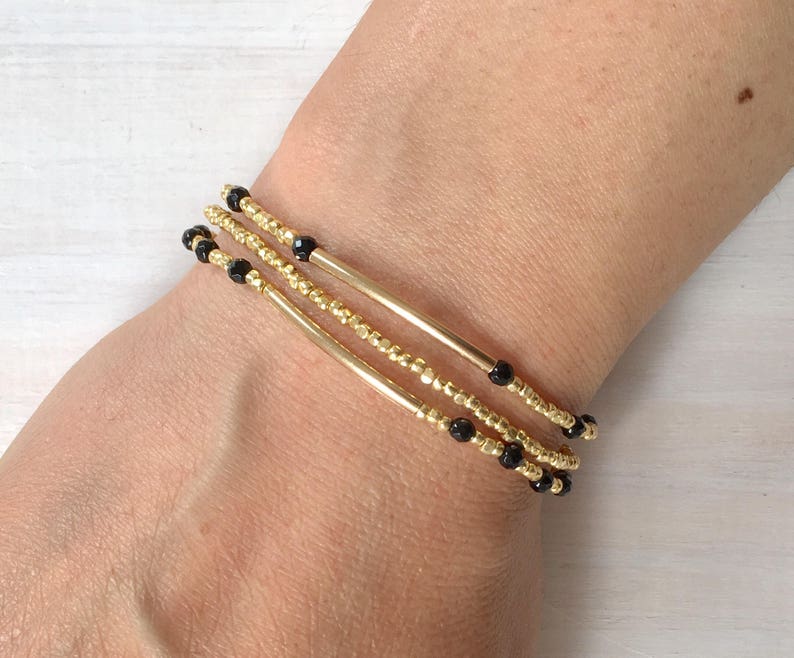 Multibuy discount Black onyx faceted round bead and gold nugget bead stretch bracelets with goldfilled tube bead and gold nugget bracelet image 1