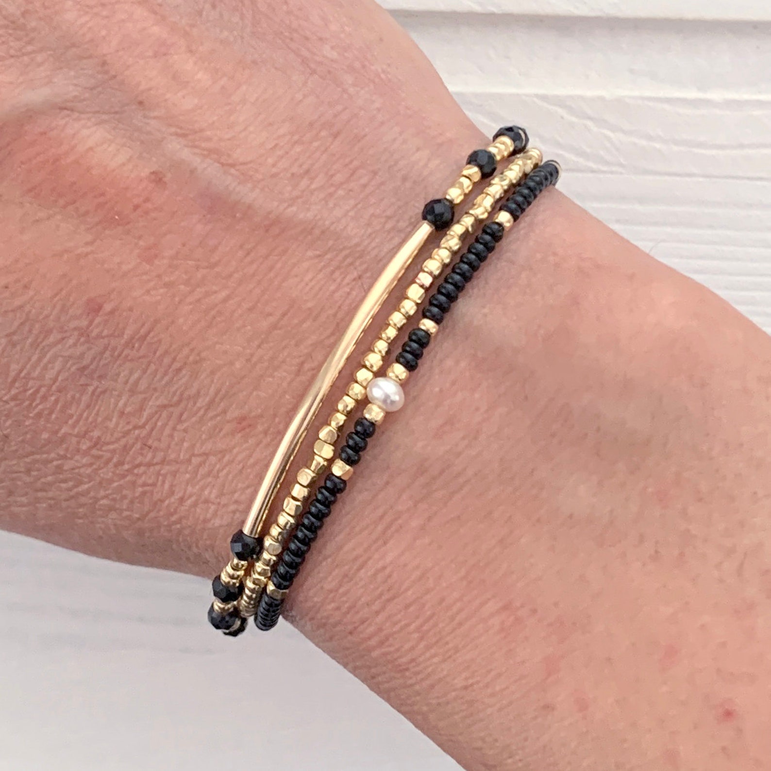 Black and Gold Stretch Bracelet With Freshwater Pearl Bead Etsy