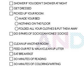 May include: A checklist of chores for kids to complete before using electronics. The checklist includes tasks like brushing teeth, showering, getting dressed, cleaning up their room, and doing laundry. The checklist is titled "Electronic Rules".