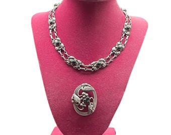 Georg Jensen Art Nouveau Agate Necklace, Brooch, and Ring Set-  Silver Denmark