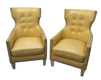 Massoud Yellow Leather Wingback Club Chairs - Set of 2