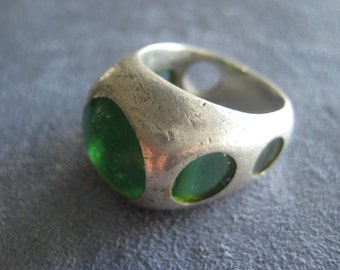 Pomellato Style Design Ring Sterling Silver Emerald Green Size 10 Vintage Italy 1960&#39;s