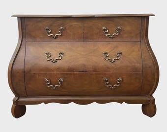 1970s Baker Furniture Collector Figured Walnut Bombe Four Drawer Commode