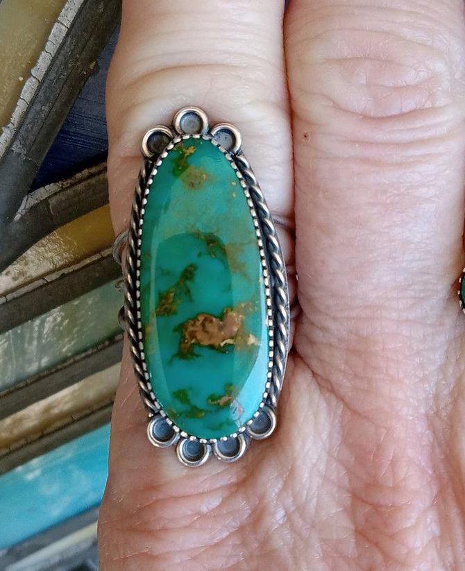 Lange Sea Green Stone MT Türkis Ring SS 8,50