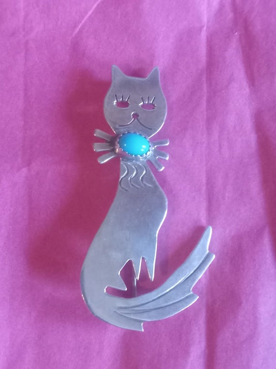 Large Sleeping beauty turquoise cat pin sterling