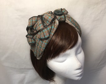 Tweed half turban, tartan turban alice band, 1940s turban, headscarf, hippie boho band, green band, Wool hairband