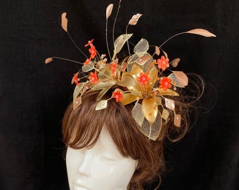 Orange feather fascinator, Bespoke fascinator, Orange fascinator, Bridal fascinator, Bespoke hat, gold and orange hat.