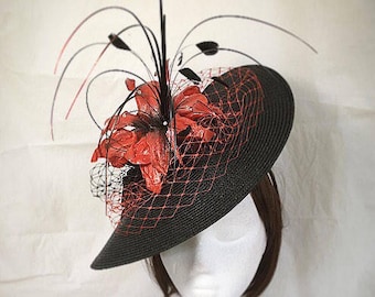 Black fascinator, mother of the bride, Summer wedding, wedding hat, orange black fascinator, statement hat, Saucer hat, Vintage fascinator