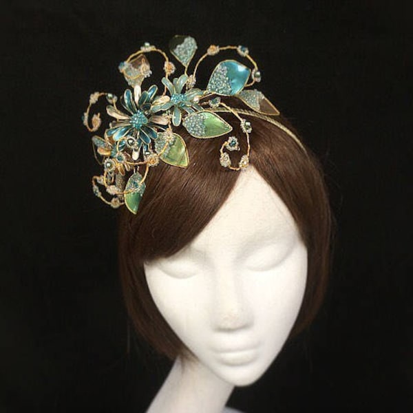Peacock fascinator band, Blue fascinator, Floral green fascinator, Bespoke fascinator, Wedding fascinator, Made in the UK, Unique tiara