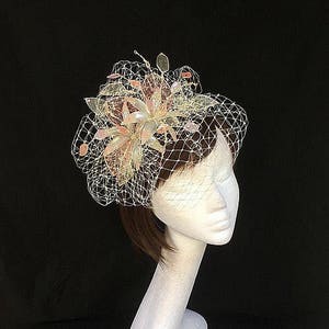 Pink Fascinator, ivory hat, Ascot Fascinator, Mother of the bride hat, vintage wedding headdress, bespoke fascinator, Veiled fascinator image 1