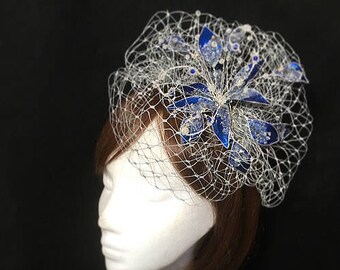 Blue silver fascinator, mother of the bride, Summer wedding, wedding hat, silver fascinator, UK fascinator, Bespoke hat, Amanda Sutherland