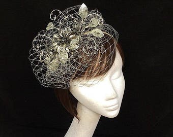 Silver fascinator, Silver veiled fascinator, Summer wedding, wedding hat, unique fascinator, silver hat, UK fascinator, Amanda Sutherland