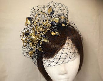 Navy and gold fascinator, Blue fascinator, Mother of the bride, Unique hat, Amanda Sutherland, Navy veiled fascinator, UK fascinator