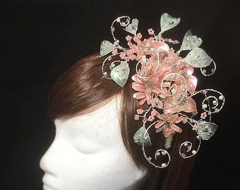 Pink unique fascinator, flower headdress, Mother of the bride headdress, floral tiara, wedding fascinator, Bespoke headdress, made to order