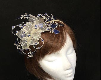 Silver navy fascinator, mother of the bride, Summer wedding, wedding hat, silver tiara, bespoke bridal tiara, Amanda Sutherland