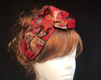 Red Boho velvet turban, Red paisley half Turban, Alice band, vintage turban, headscarf, vintage band, rockabilly headscarf, boho turban.