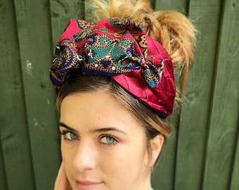 Red Boho satin turban, Red paisley half Turban, Alice band, vintage turban, headscarf, vintage band, rockabilly headscarf, boho turban.