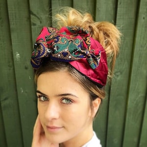 Red Boho satin turban, Red paisley half Turban, Alice band, vintage turban, headscarf, vintage band, rockabilly headscarf, boho turban.