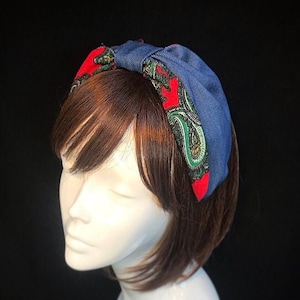 Rockabilly denim turban band, Red paisley band,vintage  print turban, alice band, denim hair band, turban, chemo turban.