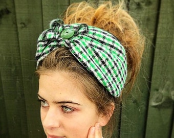 Green half turban, Turban, Alice band, 1940s turban, headscarf, hippie boho band, quirky fashion, checked wool scarf