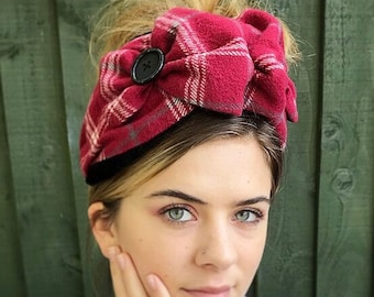 Red tartan headband, Warm headwear, Alice band, 1940s turban, headscarf, vintage band, Warm band, Ruffle turban, head-warmer