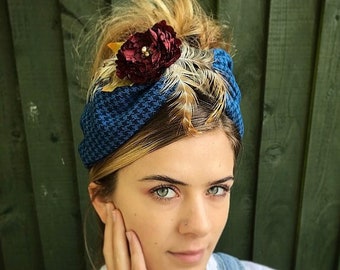 Blue cosy headband,  half turban, Turban, Alice band, 1940s turban, headscarf, hippie boho band, blue head scarf.