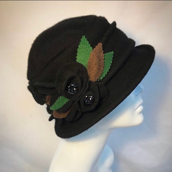 Sombrero de lana negro, regalo para ella, sombrero de estilo vintage, sombrero, sombrero vintage de la década de 1930, sombrero adornado.