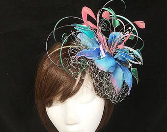 Wedding Fascinator, 1950s bride, tropical flower tiara, bespoke fascinator, pink and blue hat, beach wedding, Made in the UK, Veiled hat