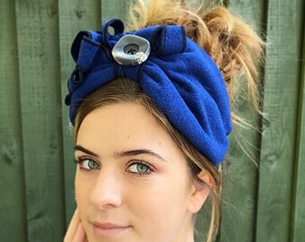 Blue wool headband, half Turban, land girl turban band, 1940s turban, headscarf, vintage band, head-warmer, fleece headband, ruffle band