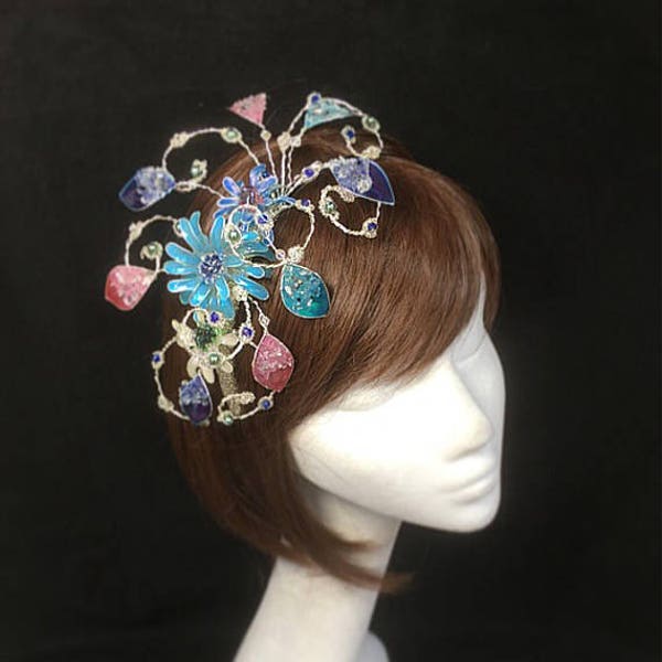Flower fascinator, Blue fascinator, mother of the bride, unique headdress, bespoke fascinator, Wedding tiara, Flower hair vine