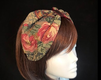 Vintage floral turban band, rockabilly cotton turban, alice band, brown hair band, turban, chemo turban, cotton head wrap.