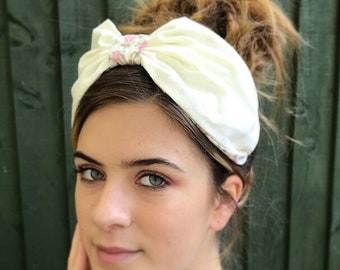 Cream cotton chemo band, headscarf, vintage scarf , alice band, hair scarf, headband, 50s hair band, rockabilly turban