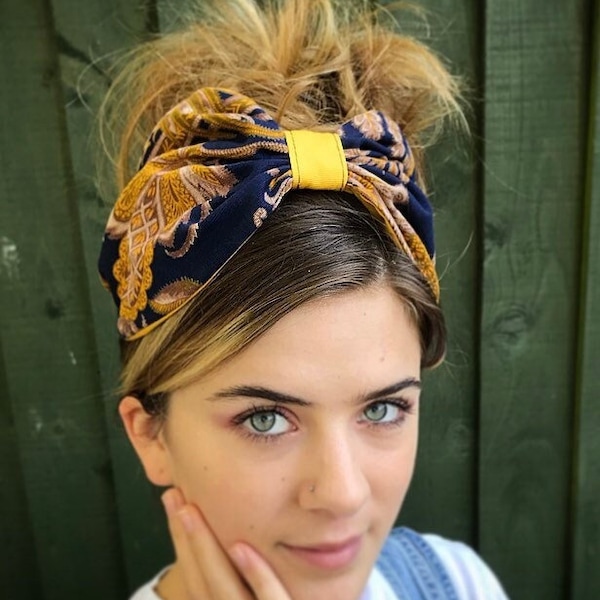 Blue and mustard turban, paisley headscarf, vintage scarf , alice band, rockabilly scarf, headband, summer hair band, turban band.