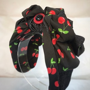 Denim turban, cherry rockabilly headband, Quirky headwear, Bohemian accessory , 1940s turban, headscarf, vintage band, cherry headscarf