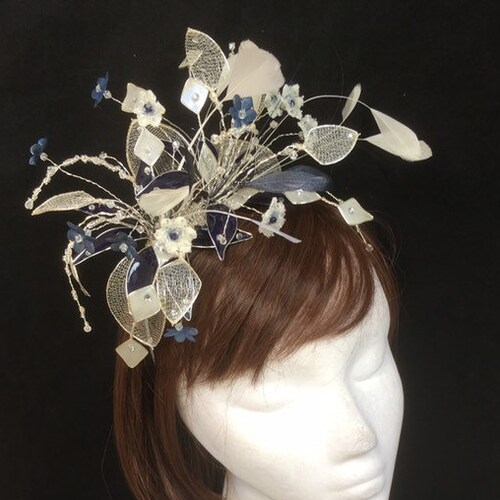 Unique shops fascinator, ivory and navy tiara, bespoke design, Statement hat, Amanda Sutherland, Flower fascinator, UK fascinator, Ivory headdress